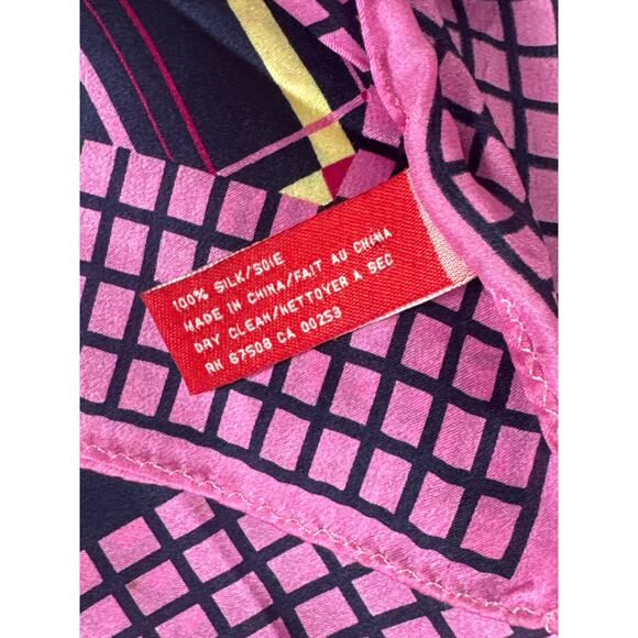 Y2K Anne Klein 100% Silk Scarf Preppy Bubble Gum Pink Navy Blue Argyle Girly - Picture 5 of 5
